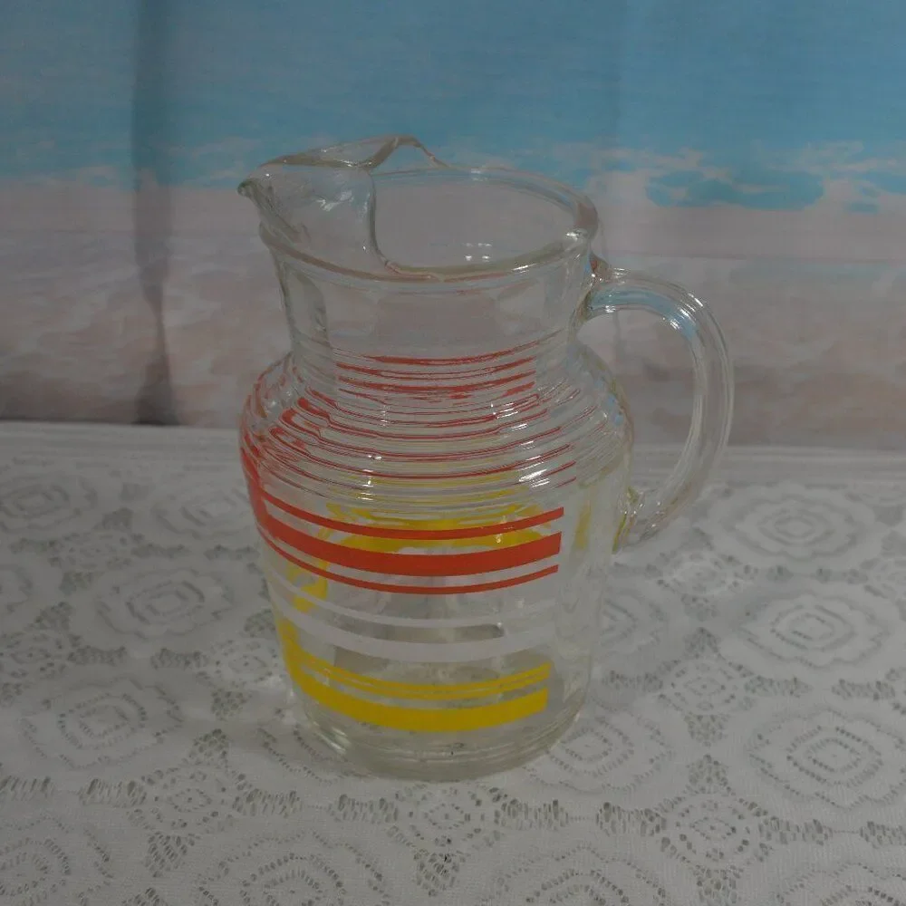 Hazel Atlas Clear Striped Glass Ice Water Pitcher Orange White Yellow Stripes
